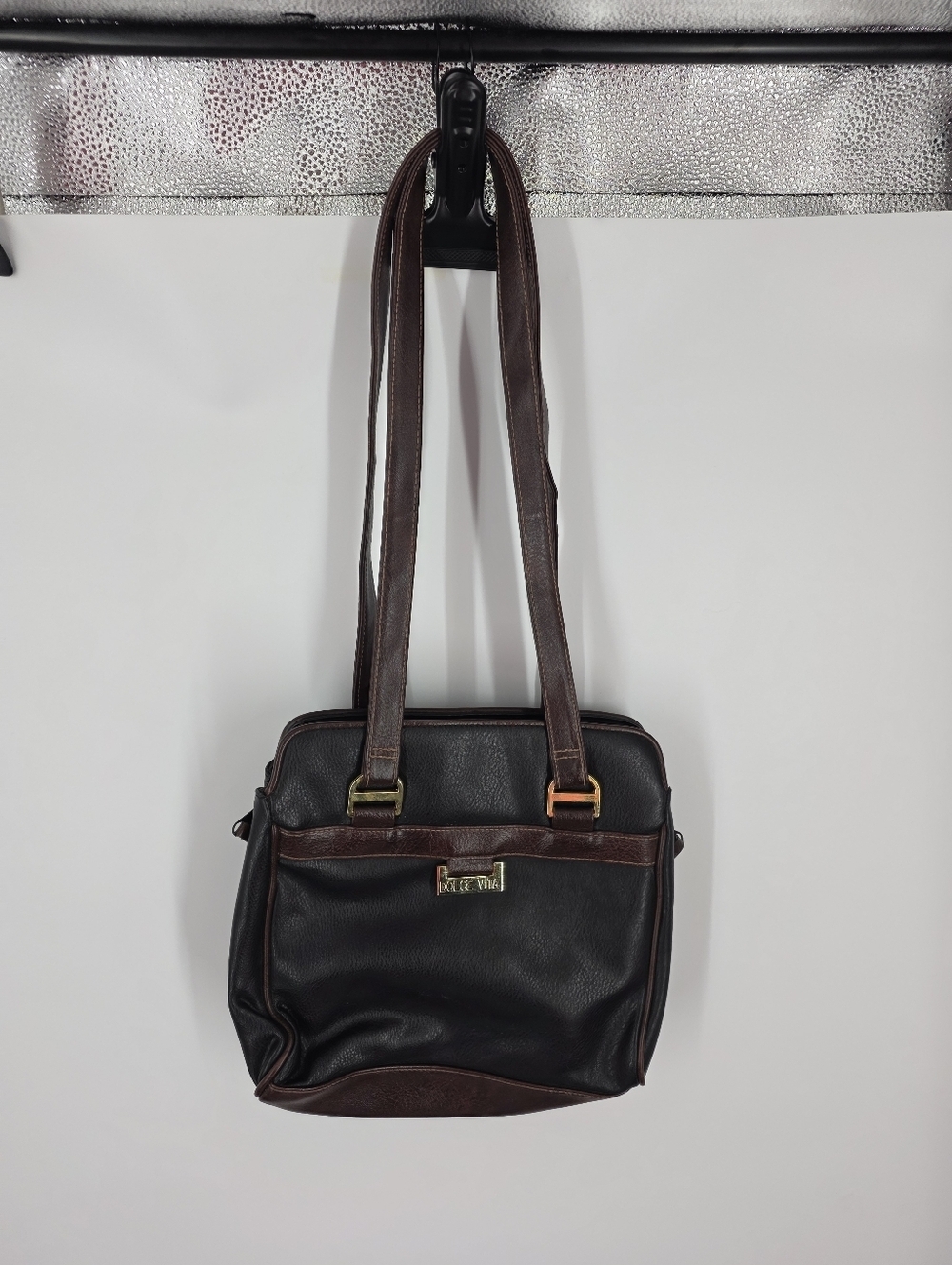 Dolce Vita Jackson Shoulder Bag Vintage Two-Tone Black Brown Faux Leather Gold